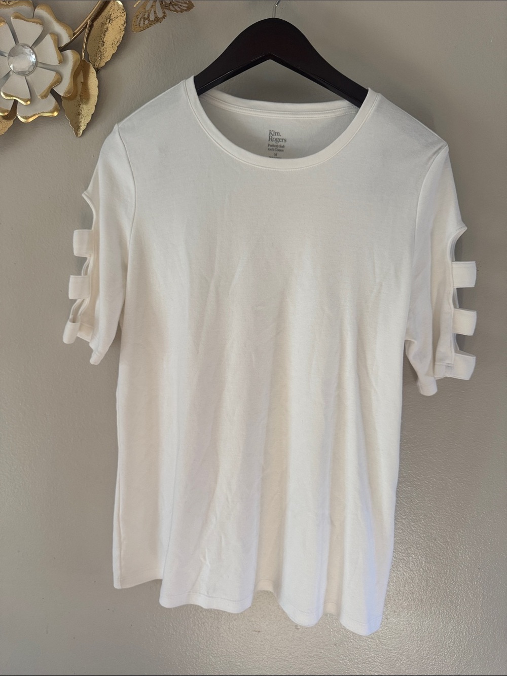 Kim Rogers White Short Sleeve Tee with Ladder Sleeve Detail